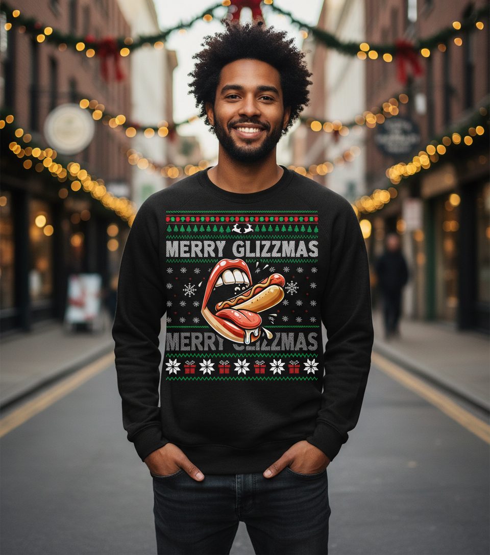Merry Glizzzmas hot dog Sweatshirt Black lifestyle mockup