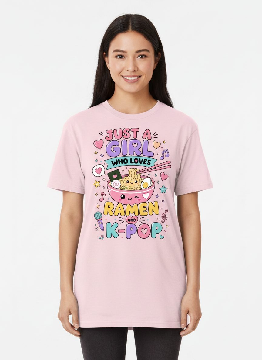 Just a Girl Who Loves Ramen and K-Pop Fans T-Shirt - product mockup - Light Pink