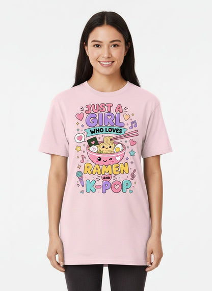 Just a Girl Who Loves Ramen and K-Pop Fans T-Shirt - product mockup - Light Pink