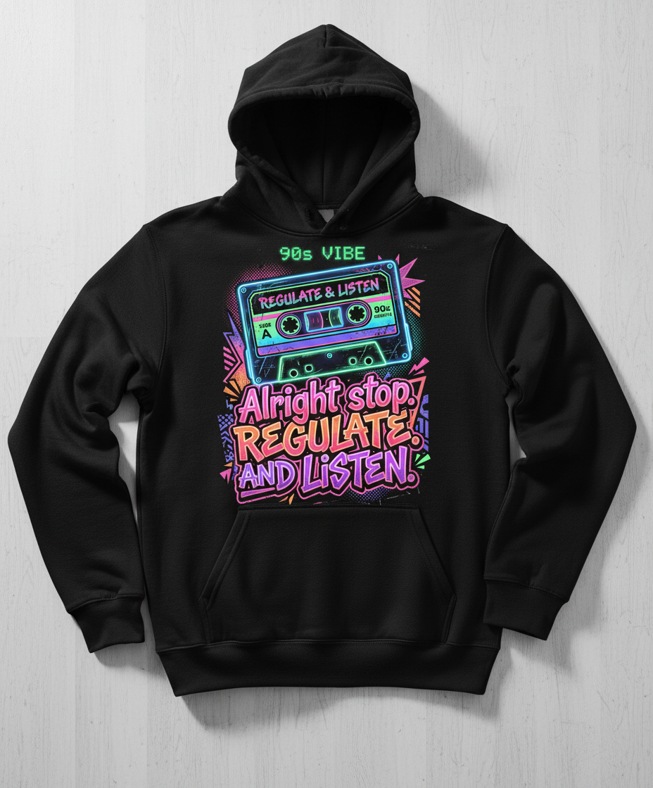 90s Vibe Cassette Tape Regulate and Listen Retro Design Hoodie - Black