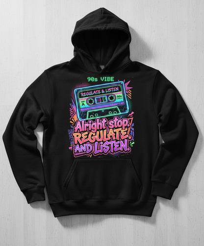 90s Vibe Cassette Tape Regulate and Listen Retro Design Hoodie - Black