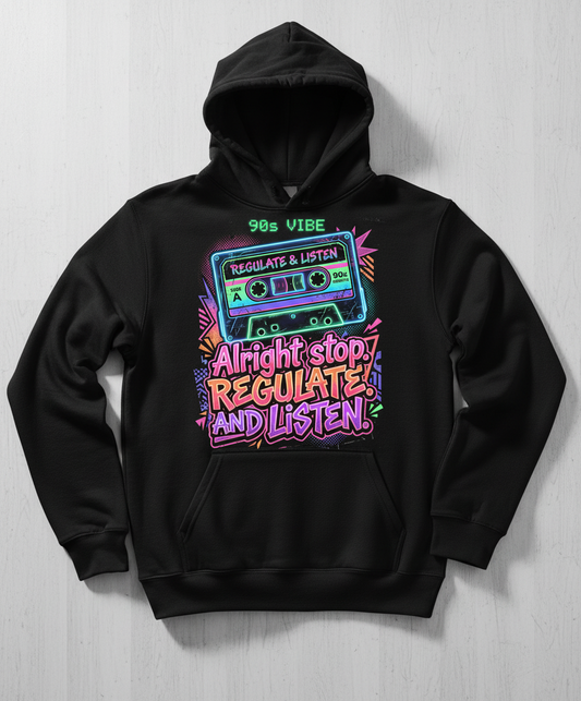 90s Vibe Cassette Tape Regulate and Listen Retro Design Hoodie - Black