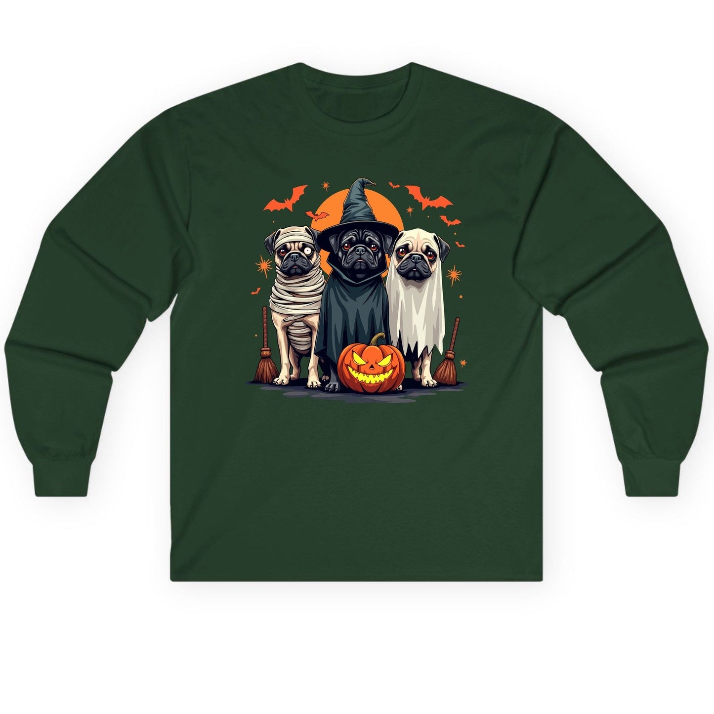 Halloween Pugs Costumes pugs Long Sleeve Tee Forest Green product mockup