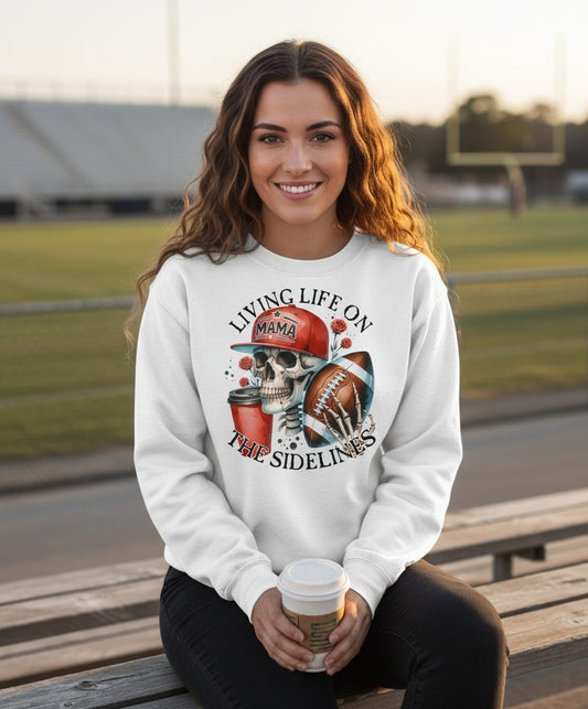Living Life on the Sidelines football mama Sweatshirt White lifestyle mockup