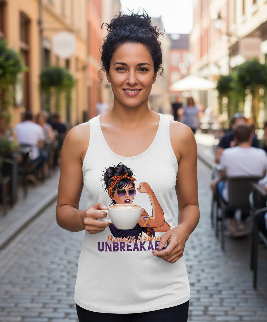 Psoriasis Warrior Unbreakable psoriasis awareness Tank Top White lifestyle mockup