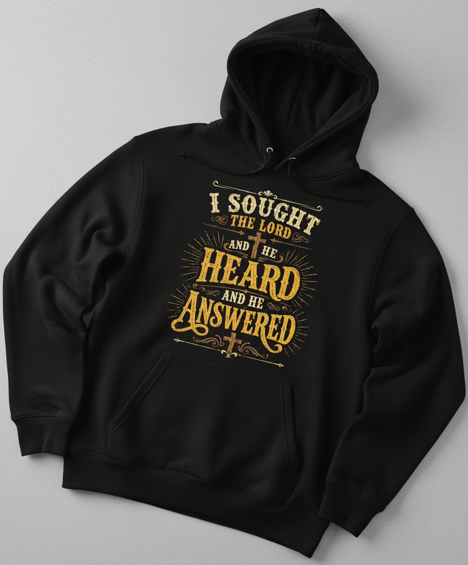 I Sought the Lord and He Heard and He Answered Hoodie - product mockup - Black