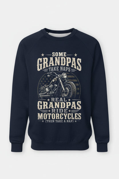 Some Grandpas Take Naps Real Grandpas Ride Motorcycles (then Take a Nap) Funny Detailed Illustration of Classic Motorcycle with Distressed Texture in the Background Is Subtle Weathered American Flag Pattern Stars and Stripes Sweatshirt - product mockup - Navy