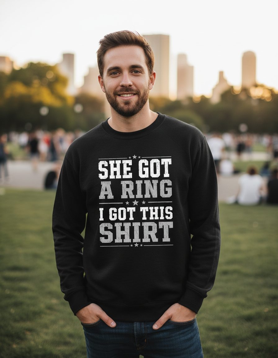 She Got a Ring I Got This Shirt Funny Bachelor Party Sweatshirt - lifestyle model mockup - Black