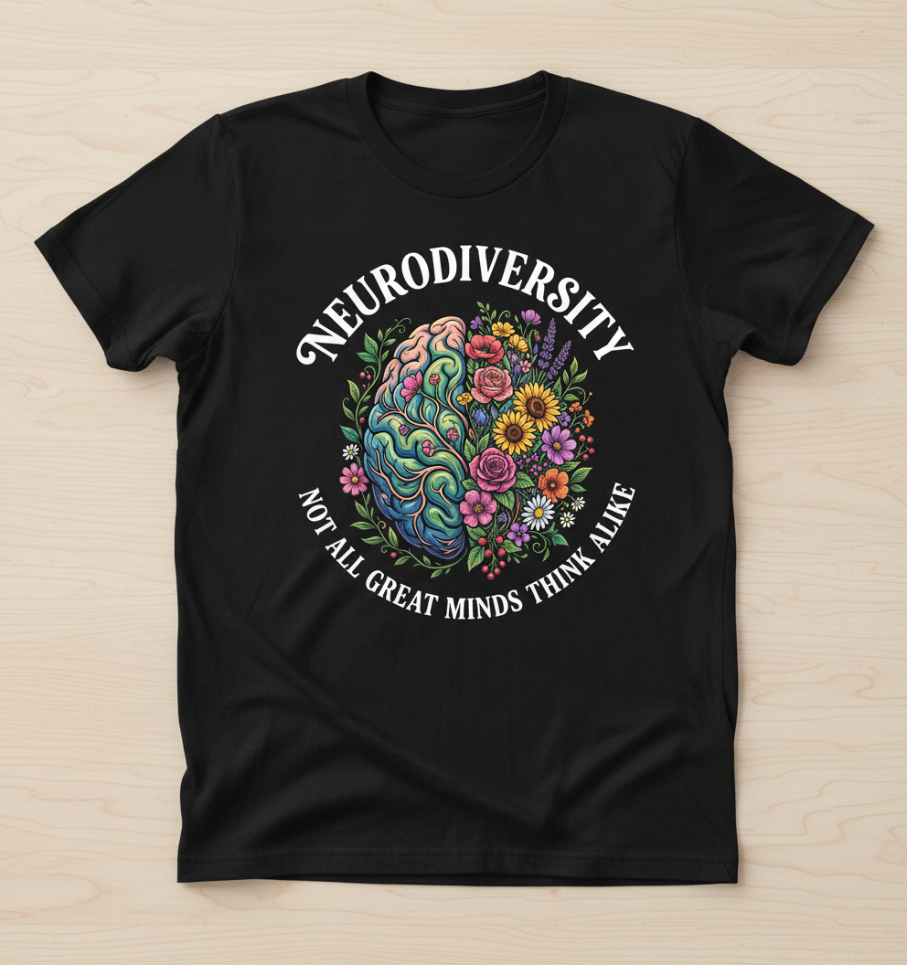 Neurodiversity Floral Brain 'Not All Great Minds Think Alike' T-Shirt - Black