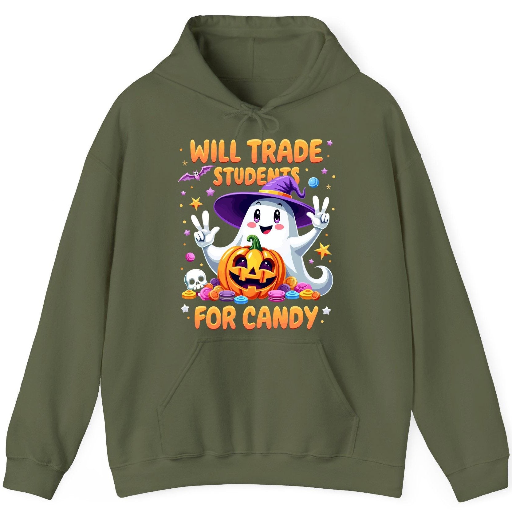 Will Trade Students for Candy teacher Halloween Hoodie Military Green product mockup