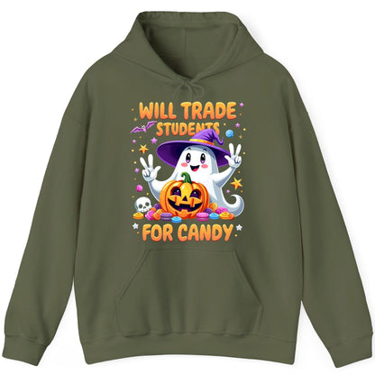 Will Trade Students for Candy teacher Halloween Hoodie Military Green product mockup