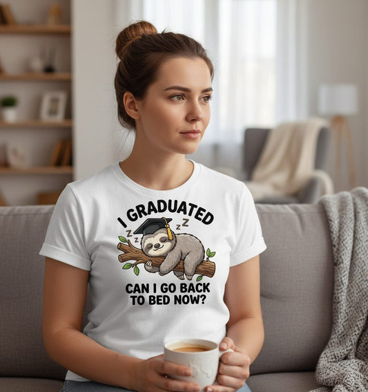 I Graduated Funny Sloth T-Shirt - lifestyle model mockup - White