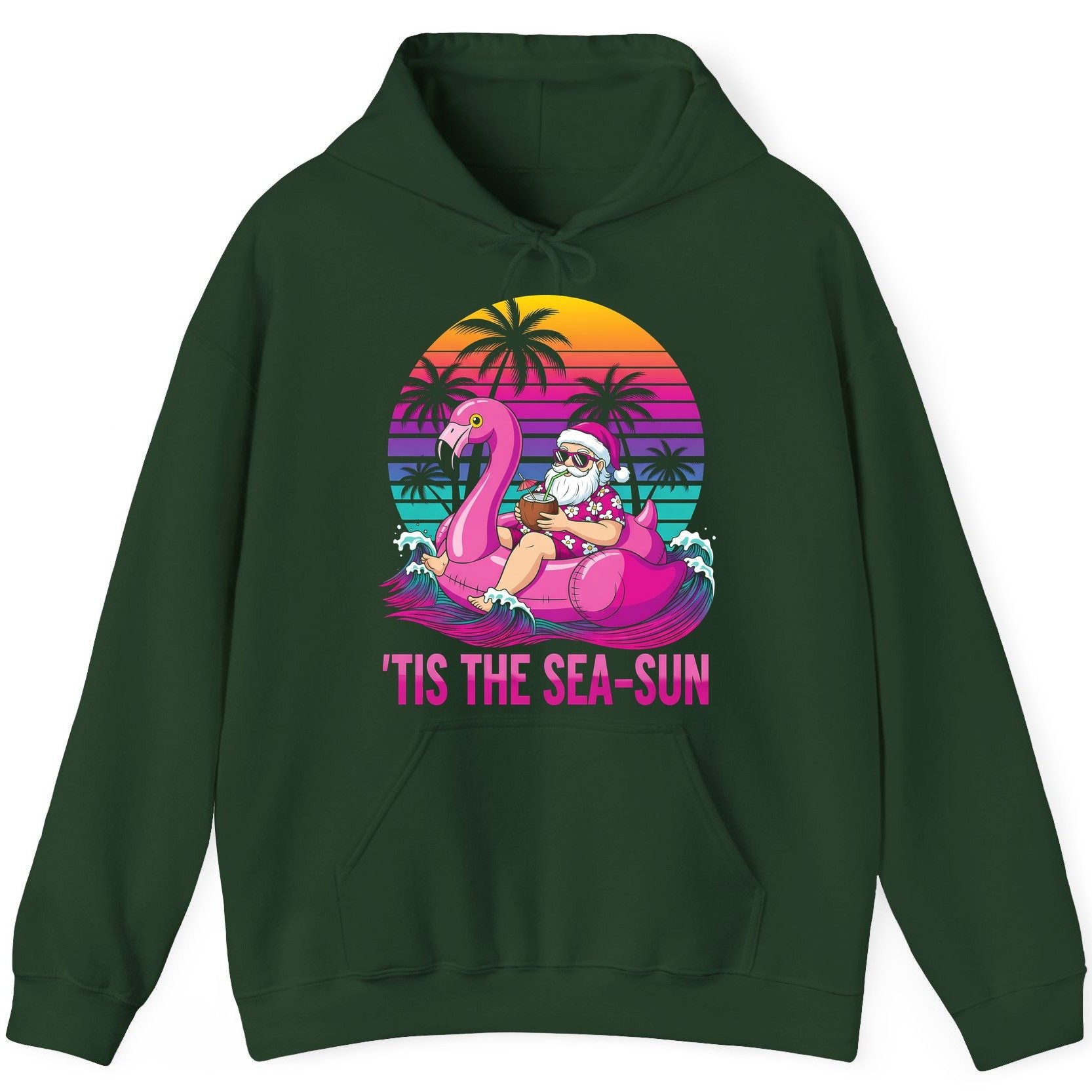 'Tis the Sea-Sun tropical santa claus Hoodie Forest Green product mockup