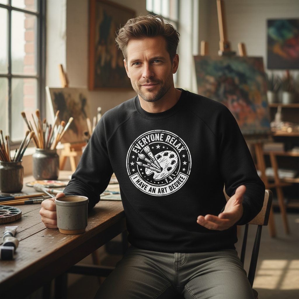 Everyone Relax I Have an Art Degree artists Sweatshirt Black lifestyle mockup