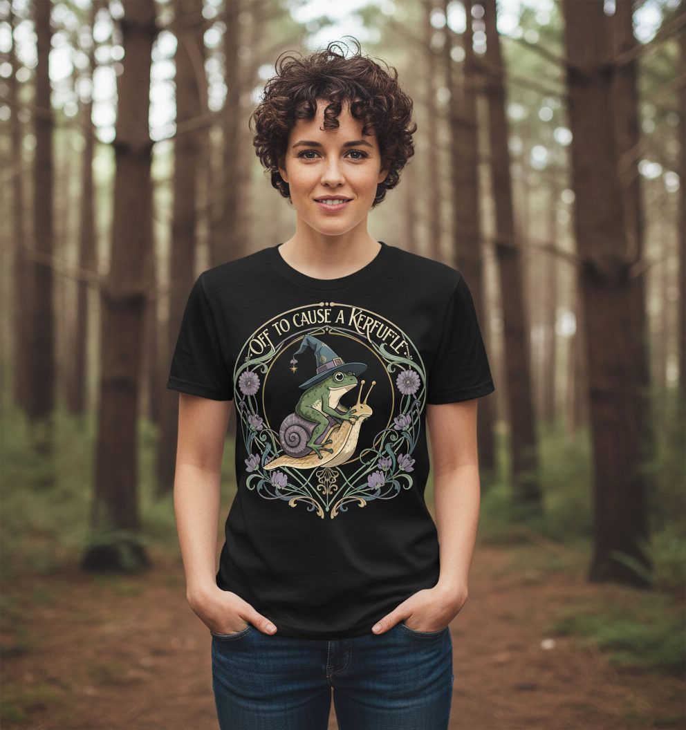 Off to Cause a Kerfuffle frog riding a snail T-Shirt Black lifestyle mockup