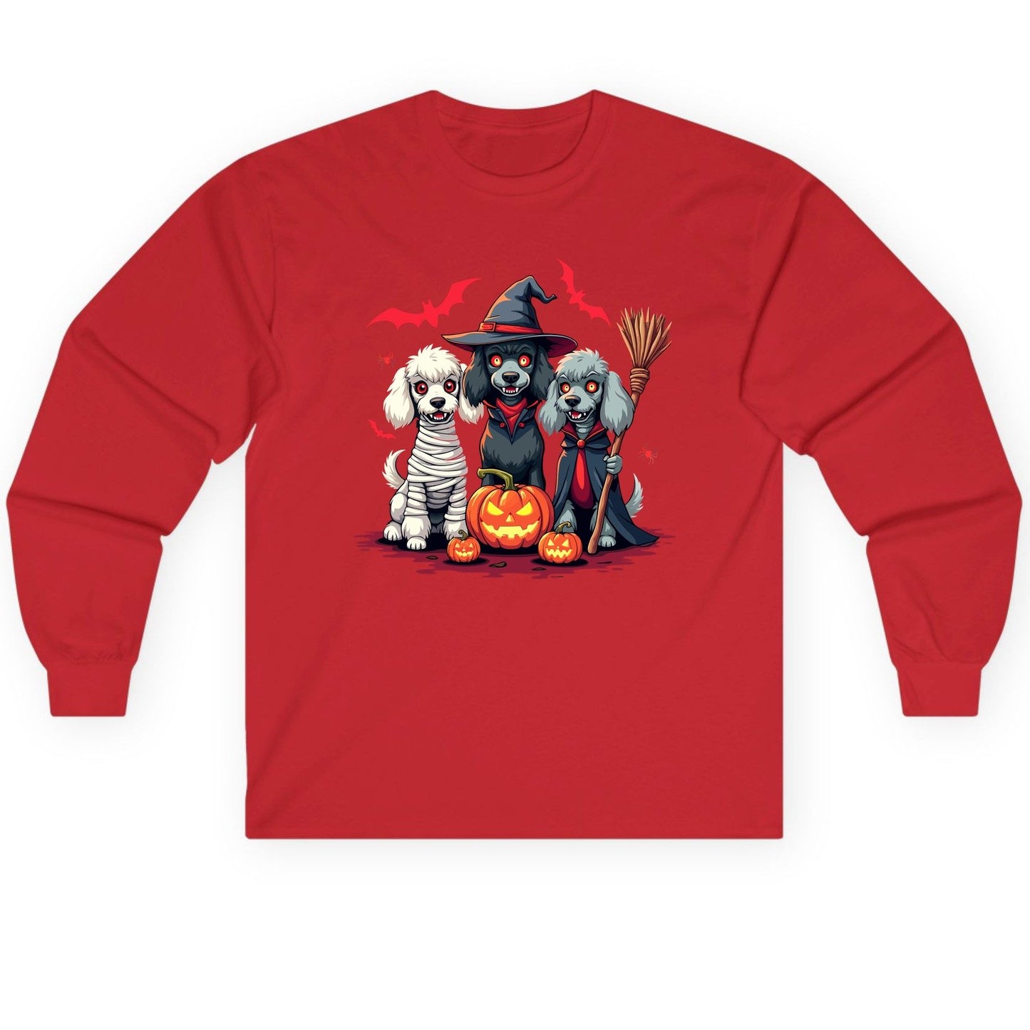 Spooky Poodle Trio Halloween dogs Long Sleeve Tee Red product mockup