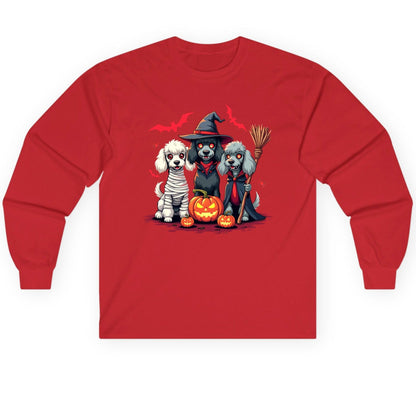 Spooky Poodle Trio Halloween dogs Long Sleeve Tee Red product mockup
