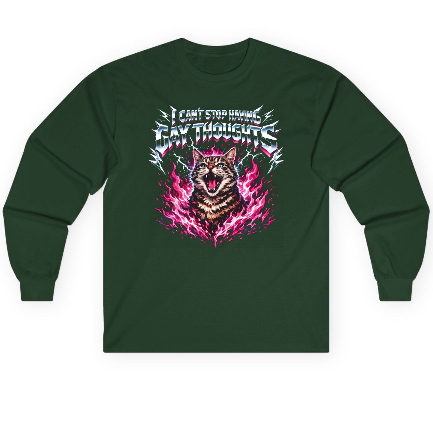 I Can't Stop Having Gay Thoughts cat Long Sleeve Tee Forest Green product mockup