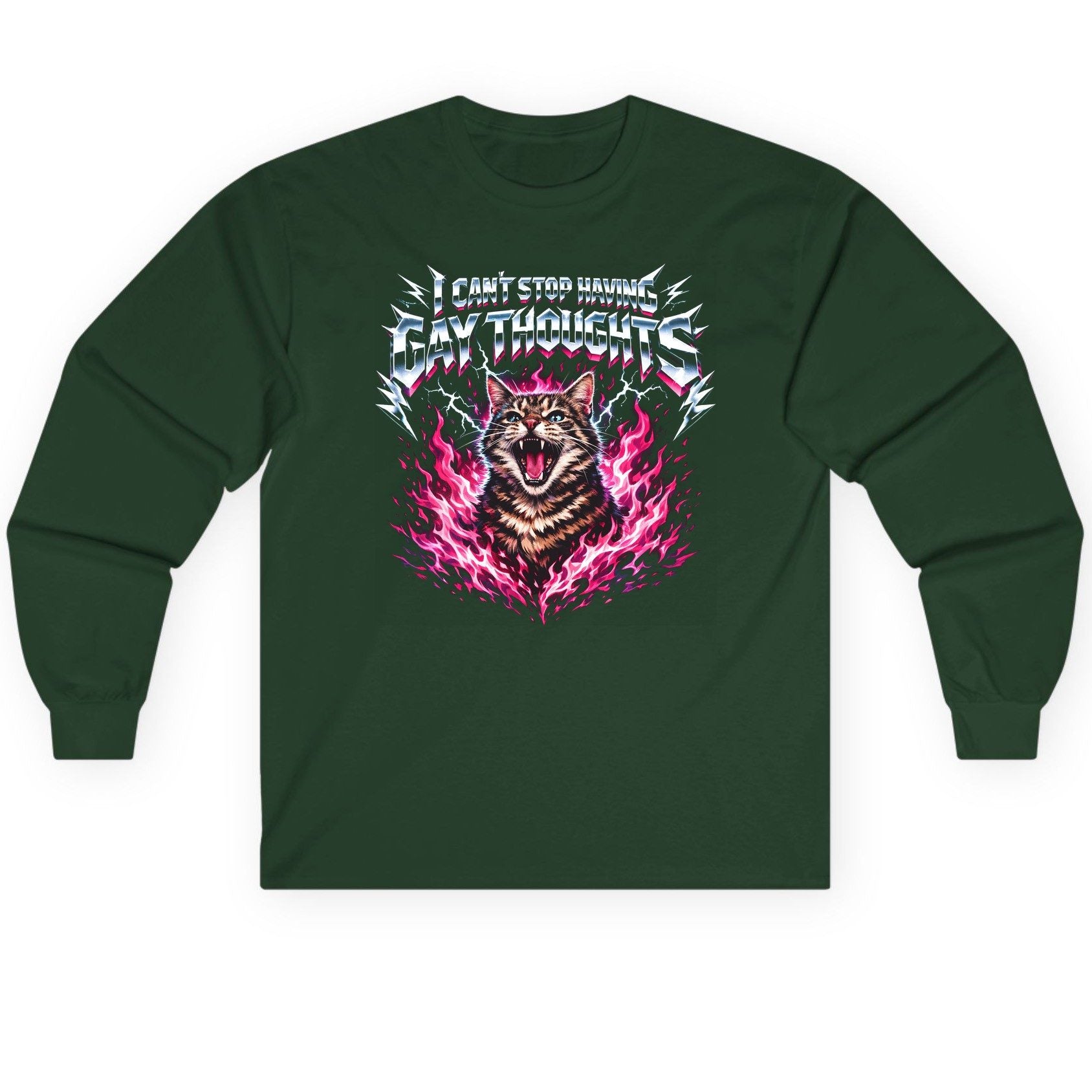 I Can't Stop Having Gay Thoughts cat Long Sleeve Tee Forest Green product mockup