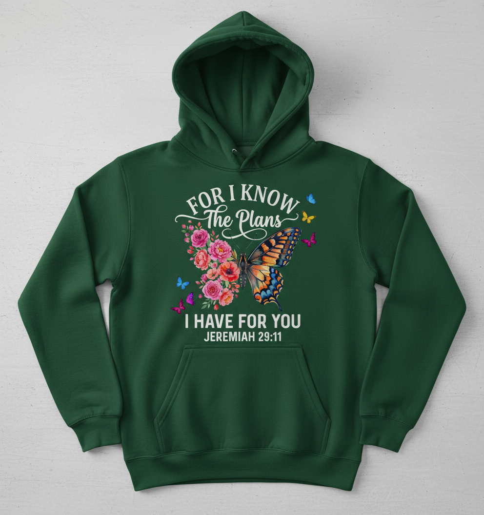 Jeremiah 29:11 For I Know The Plans Butterfly Floral Christian Verse Hoodie - Forest Green