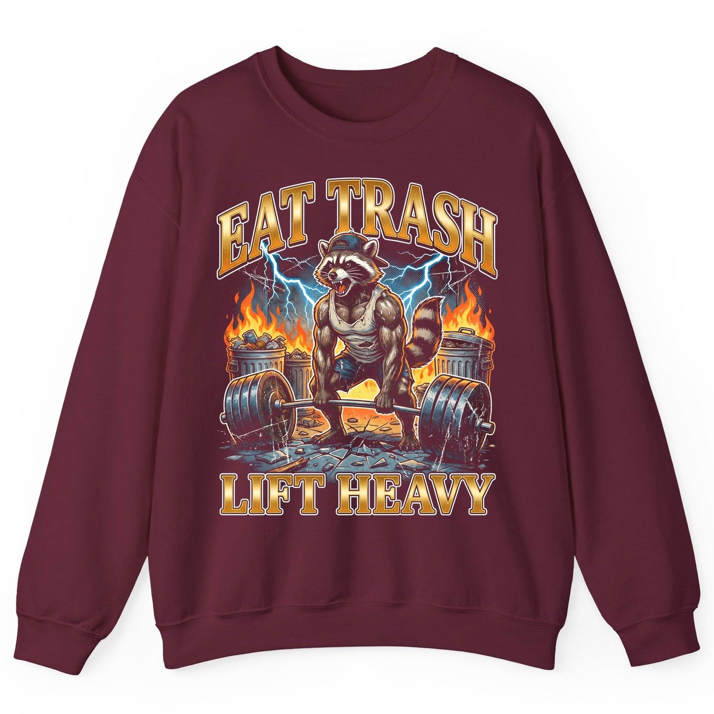 Eat Trash Lift Heavy raccoon Sweatshirt Maroon product mockup