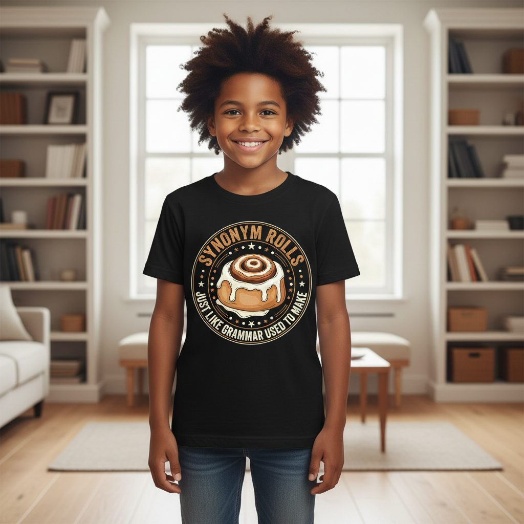 Synonym Rolls Just Like Grammar Used to Make grammar puns Youth T-Shirt Black lifestyle mockup