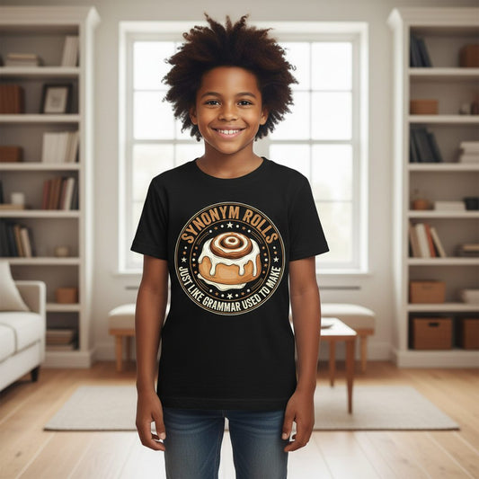 Synonym Rolls Just Like Grammar Used to Make grammar puns Youth T-Shirt Black lifestyle mockup