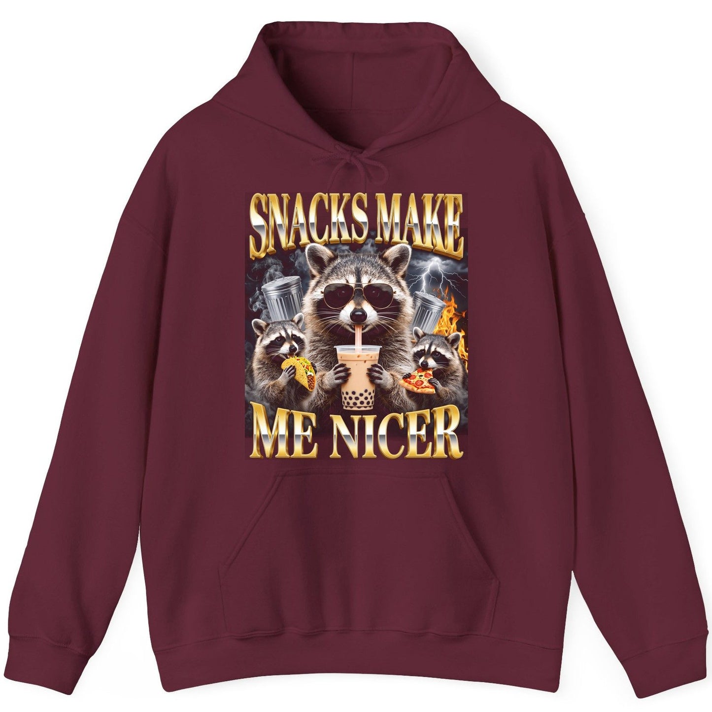 SNACKS MAKE ME NICER Funny Raccoon Hoodie - product mockup - Maroon