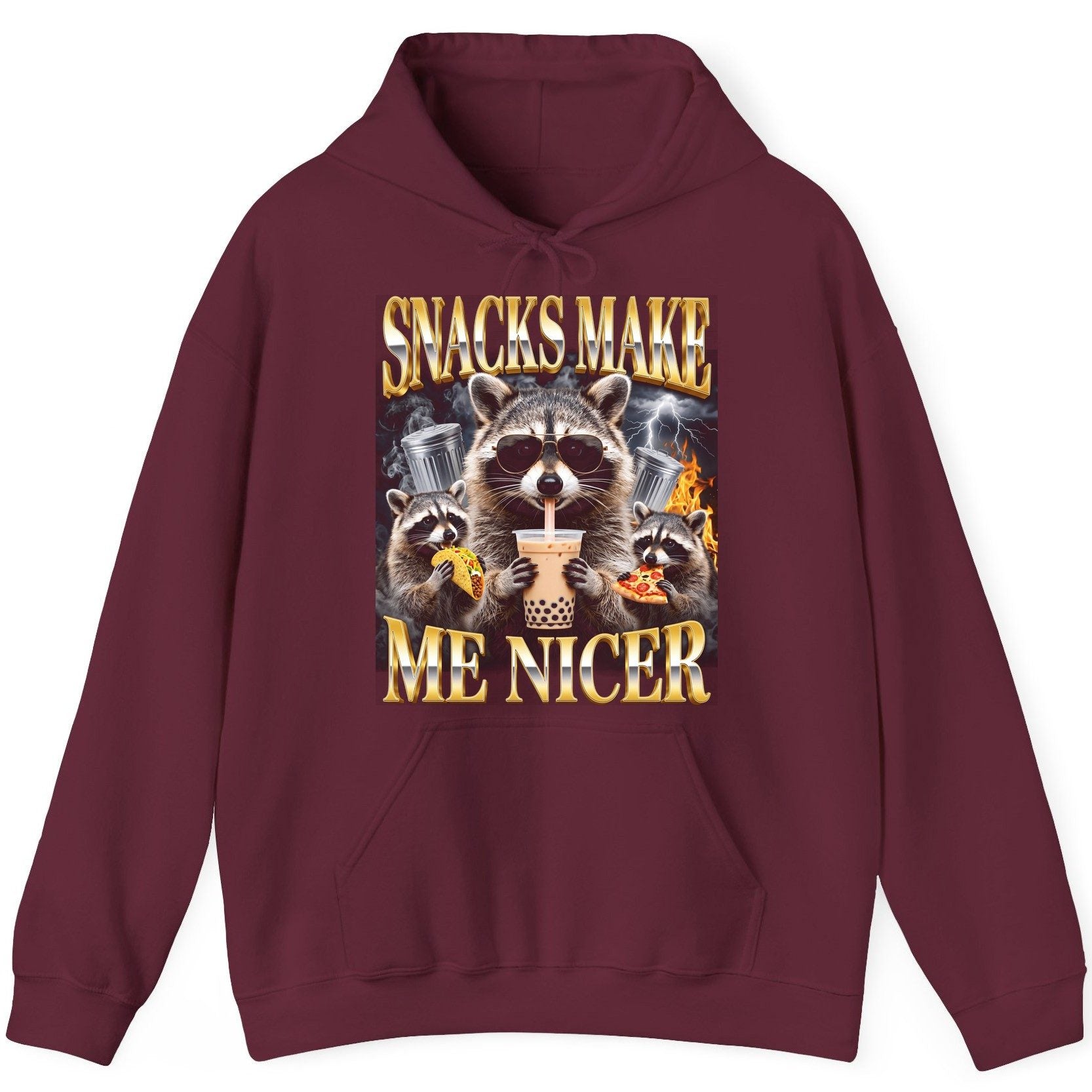 SNACKS MAKE ME NICER Funny Raccoon Hoodie - product mockup - Maroon
