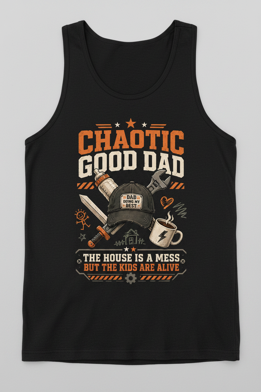 Chaotic Good Dad. The House Is A Mess But The Kids Are Alive. Funny Chaotic Good Dad Tank Top - product mockup - Black