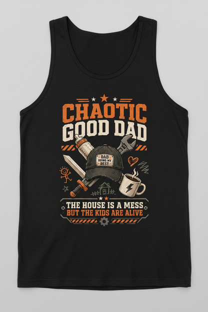 Chaotic Good Dad. The House Is A Mess But The Kids Are Alive. Funny Chaotic Good Dad Tank Top - product mockup - Black