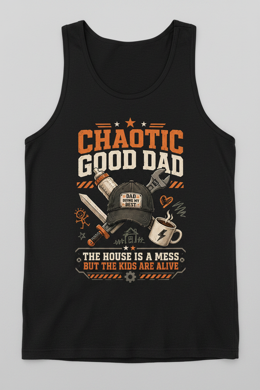 Chaotic Good Dad. The House Is A Mess But The Kids Are Alive. Funny Chaotic Good Dad Tank Top - product mockup - Black