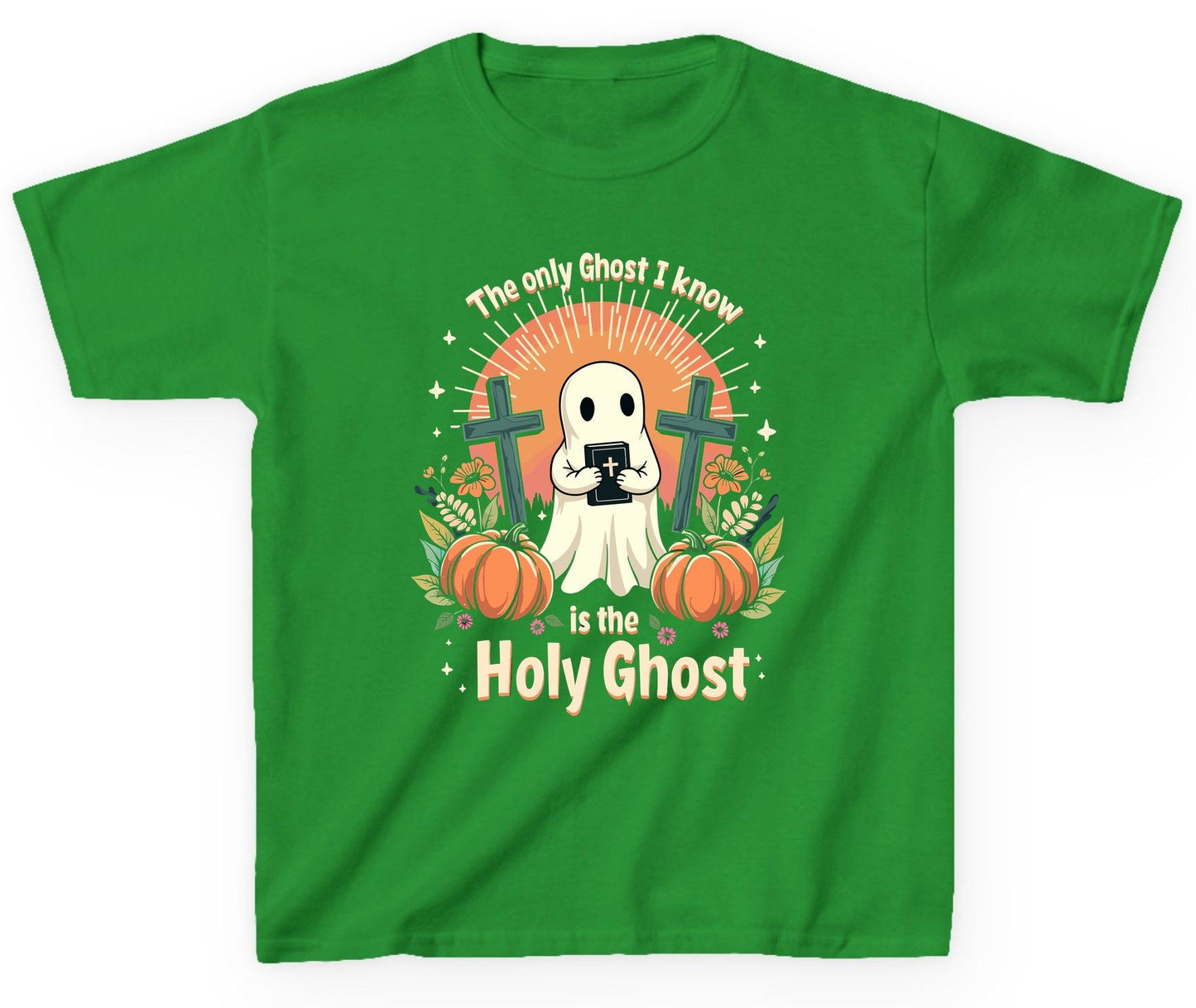 The Only Ghost I Know Is the Holy Ghost christian Halloween Youth T-Shirt Irish Green product mockup