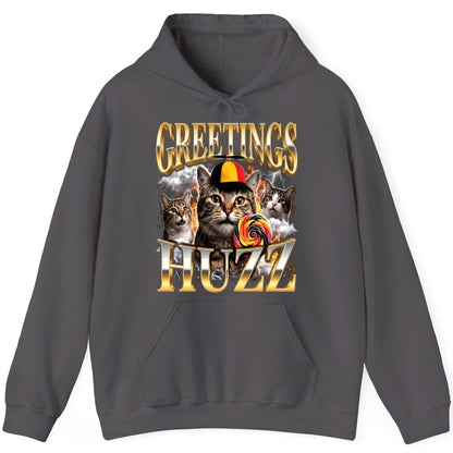 Greetings HUZZ Funny Cats Hoodie - product mockup - Charcoal