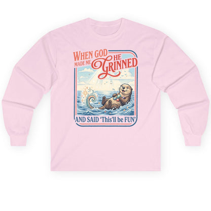 When God Made Me He Grinned and Said 'This'll Be FUN' Long Sleeve Tee - product mockup - Light Pink