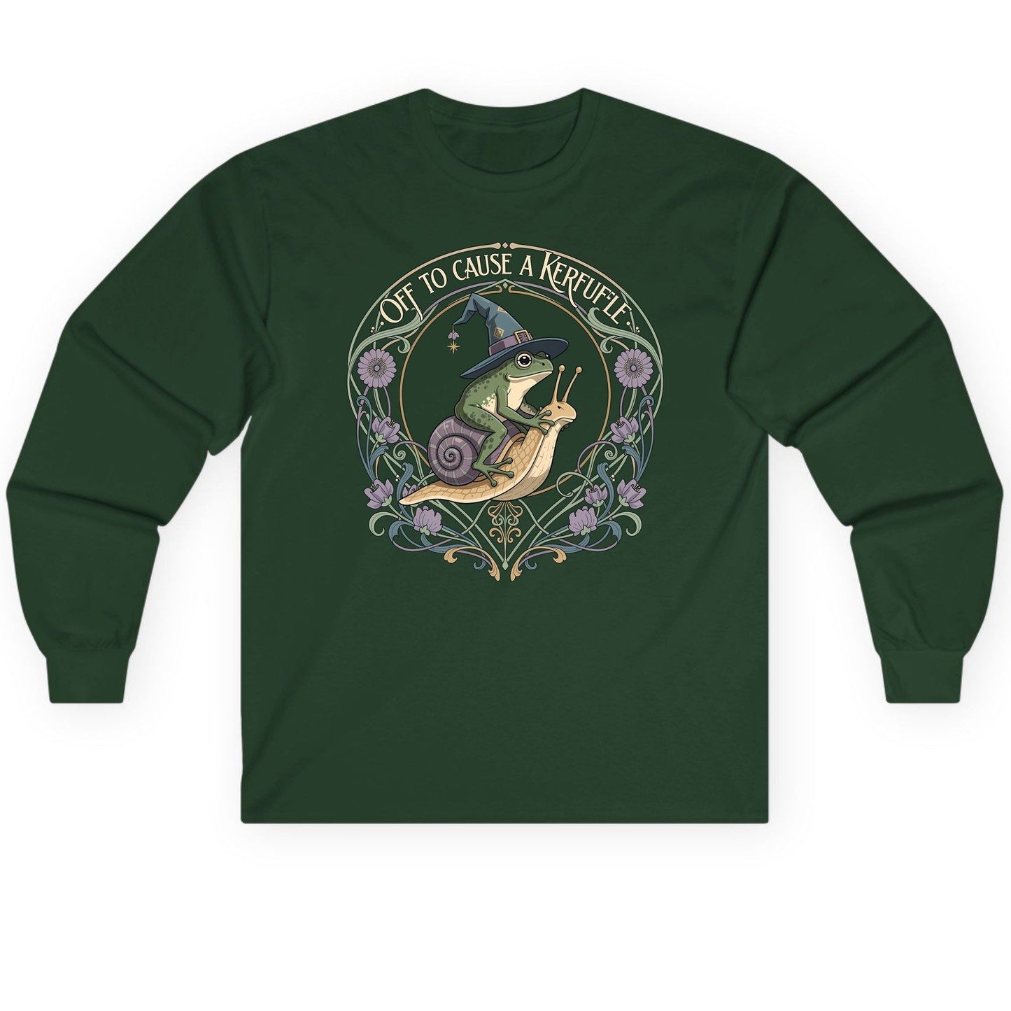 Off to Cause a Kerfuffle frog riding a snail Long Sleeve Tee Forest Green product mockup