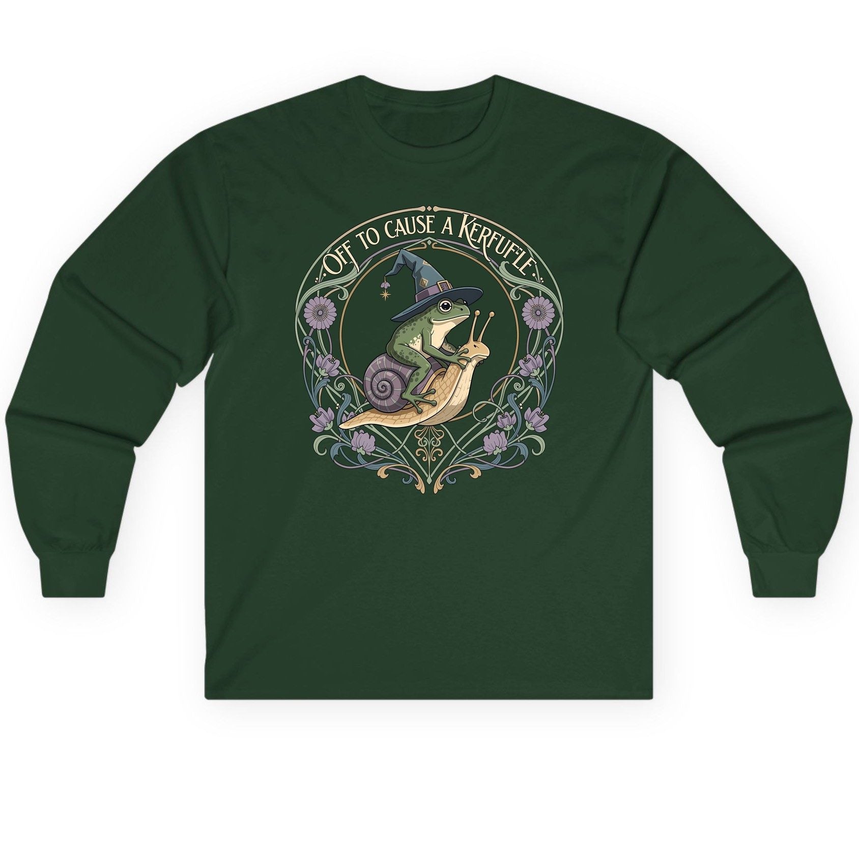Off to Cause a Kerfuffle frog riding a snail Long Sleeve Tee Forest Green product mockup
