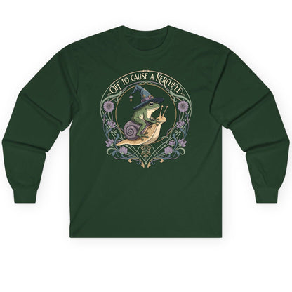 Off to Cause a Kerfuffle frog riding a snail Long Sleeve Tee Forest Green product mockup