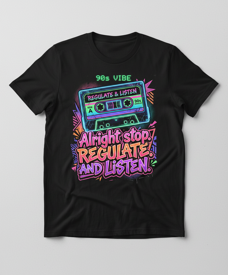 90s Vibe Cassette Tape Regulate and Listen Retro Design T-Shirt - Black