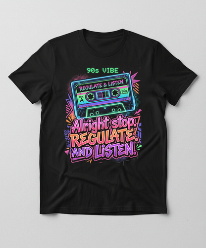 90s Vibe Cassette Tape Regulate and Listen Retro Design T-Shirt - Black