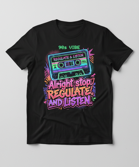 90s Vibe Cassette Tape Regulate and Listen Retro Design T-Shirt - Black