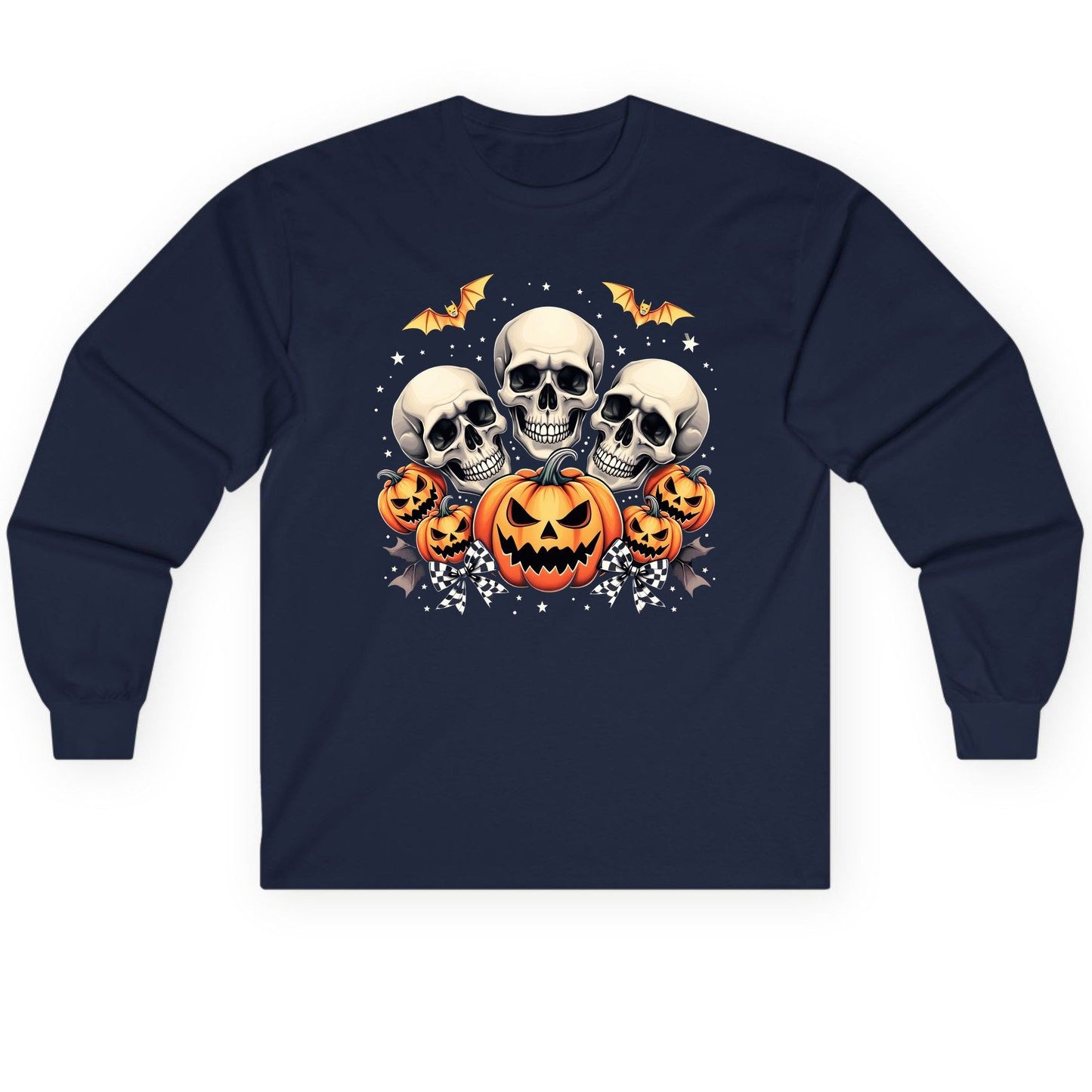 Skulls and Pumpkins Halloween Halloween Long Sleeve Tee Navy product mockup