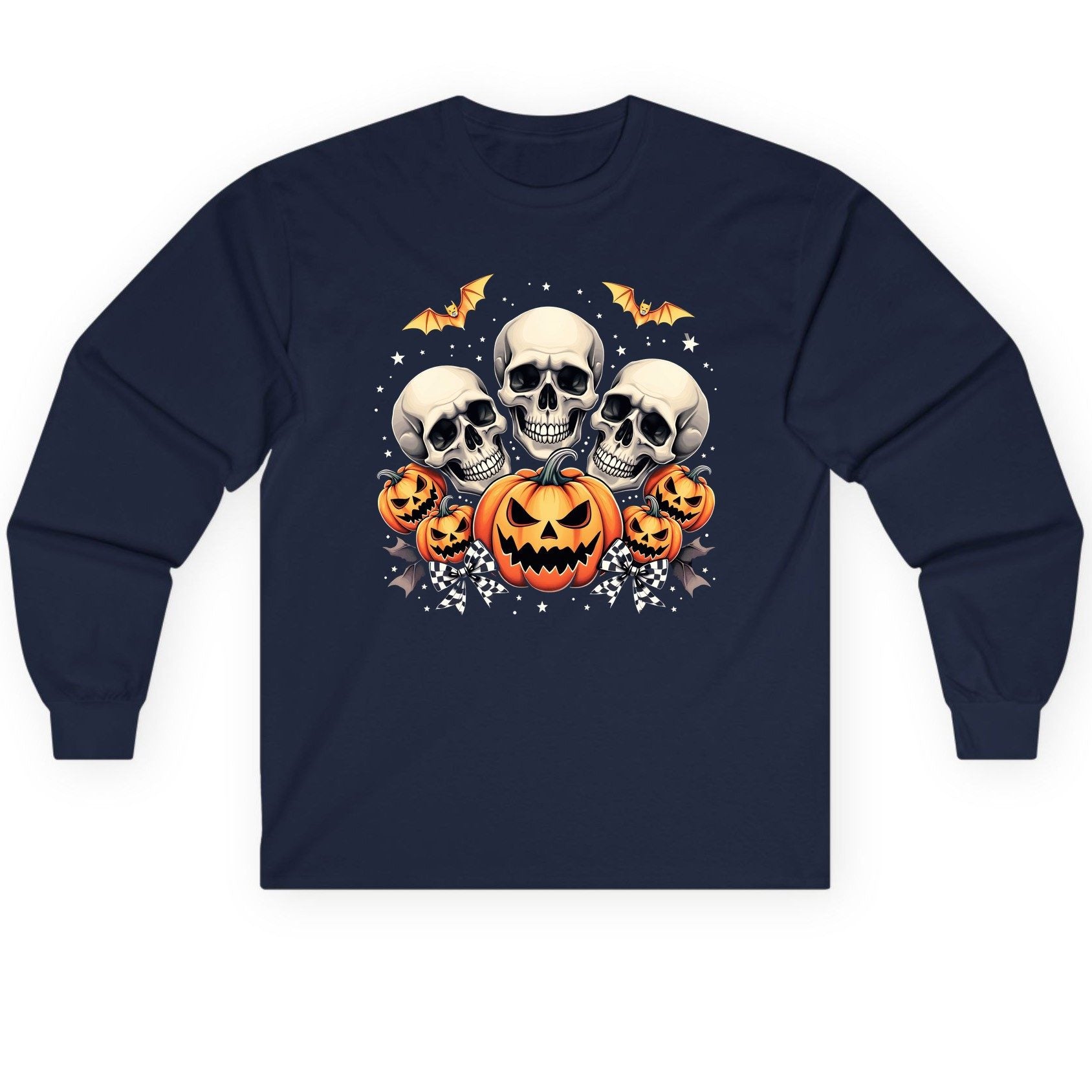 Skulls and Pumpkins Halloween Halloween Long Sleeve Tee Navy product mockup