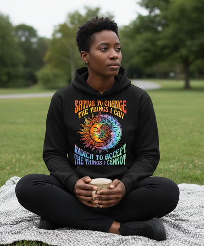 SATIVA TO CHANGE THE THINGS I CAN INDICA TO ACCEPT THE THINGS I Hoodie - lifestyle model mockup - Black