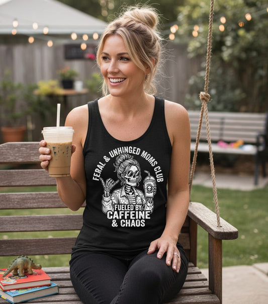 FERAL & Unhinged MOMS CLUB FUELED BY Caffeine & CHAOS Tank Top - lifestyle model mockup - Black