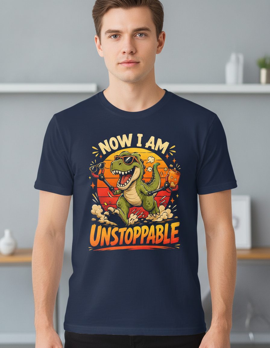 Now I Am Unstoppable Funny T-Rex Dinosaur T-Shirt - product mockup - Navy