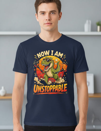 Now I Am Unstoppable Funny T-Rex Dinosaur T-Shirt - product mockup - Navy