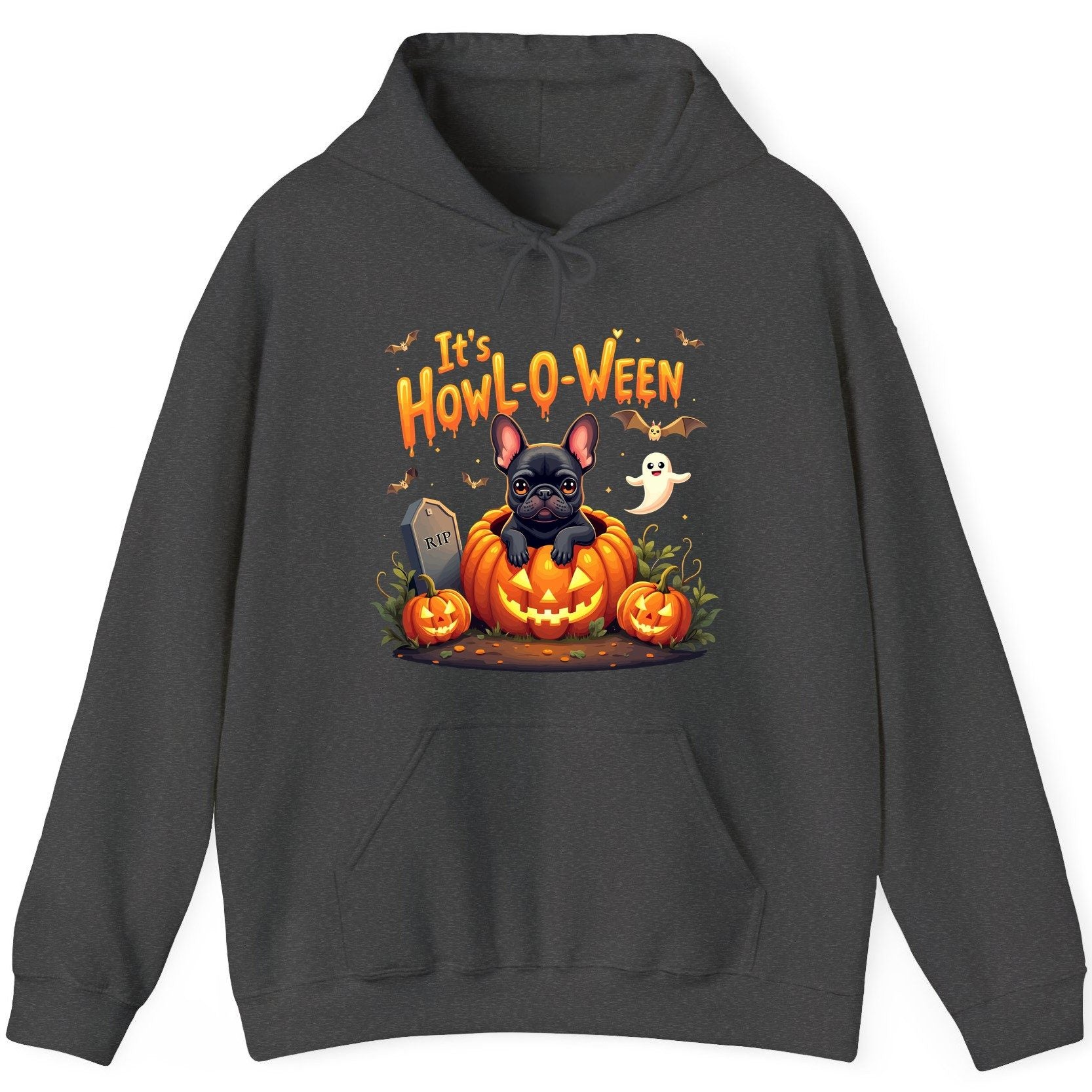 It's Howl-O-Ween french bulldog Hoodie Dark Heather product mockup
