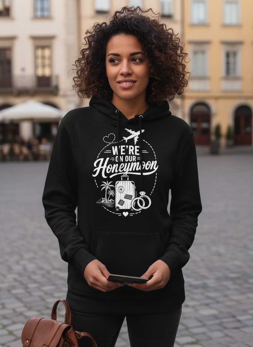 We're on Our Honeymoon Vintage Newlyweds Hoodie - lifestyle model mockup - Black