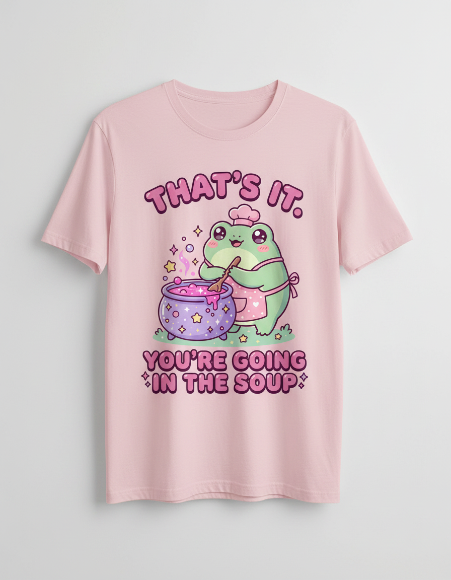 Kawaii Frog Chef 'You're Going In The Soup' Funny Meme Design T-Shirt - Light Pink